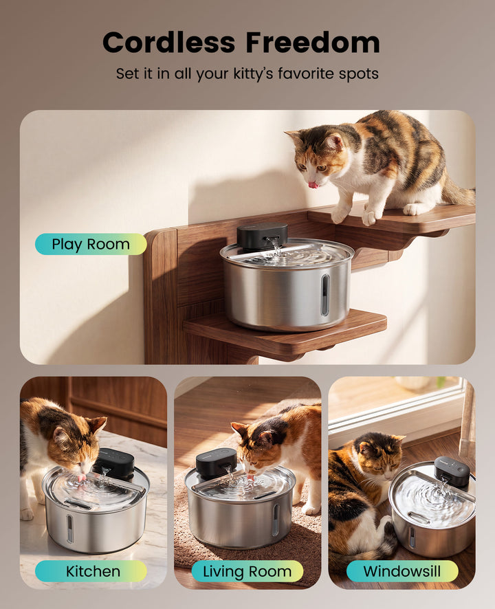 oneisall Cat Water Fountain Wireless: Stainless Steel 3.2L/108oz Cordless Pet Water Fountain, Ultra Quiet SilentFlow™ Pump, Battery Operated Automatic Water Dispenser for Cats Indoor, Motion Sensor