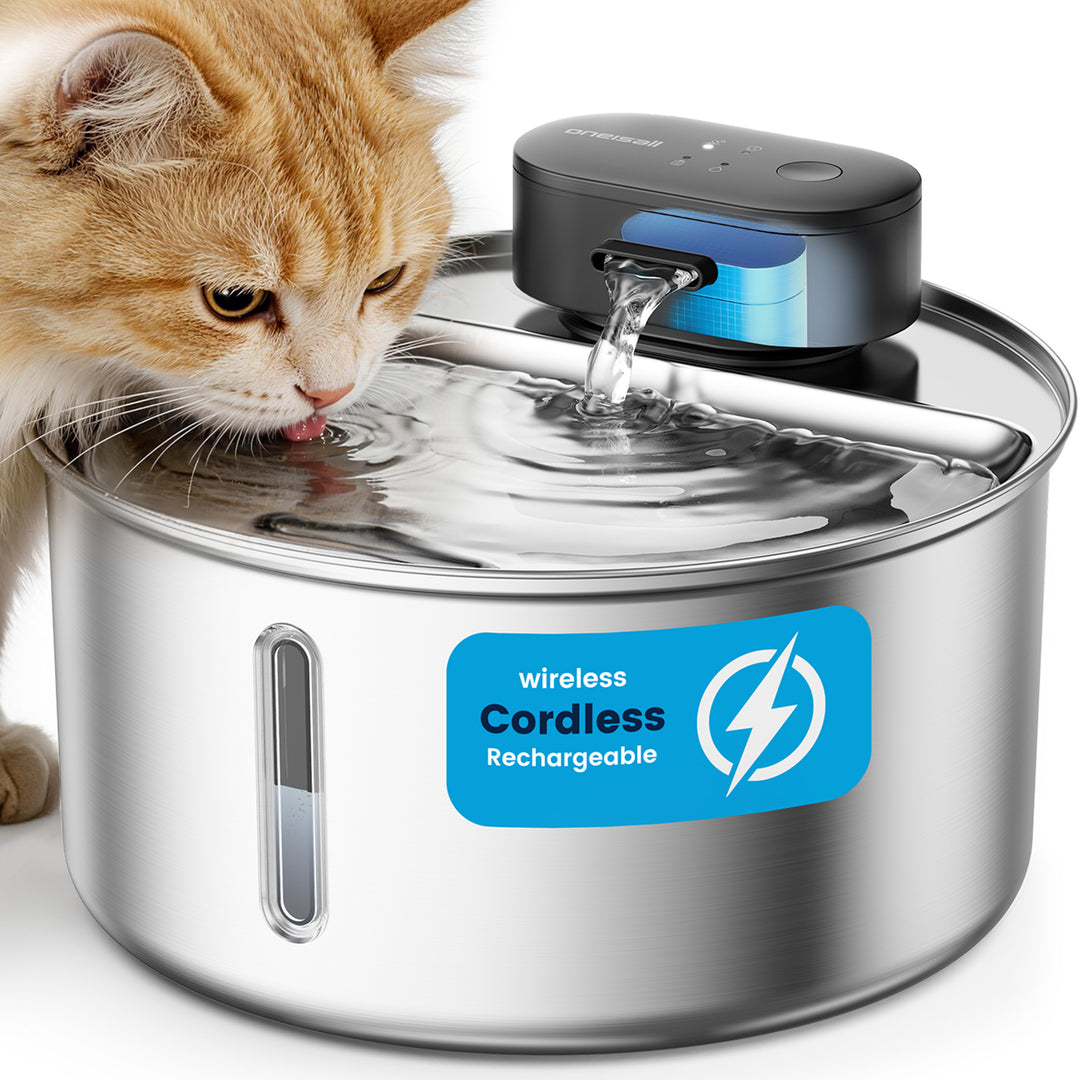 oneisall Cat Water Fountain Wireless: Stainless Steel 3.2L/108oz Cordless Pet Water Fountain, Ultra Quiet SilentFlow™ Pump, Battery Operated Automatic Water Dispenser for Cats Indoor, Motion Sensor