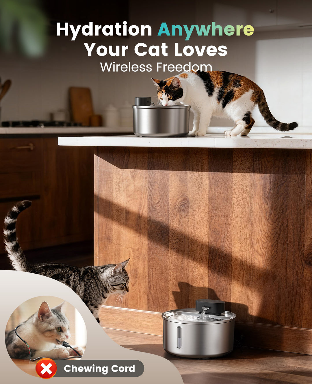 oneisall Cat Water Fountain Wireless: Stainless Steel 3.2L/108oz Cordless Pet Water Fountain, Ultra Quiet SilentFlow™ Pump, Battery Operated Automatic Water Dispenser for Cats Indoor, Motion Sensor